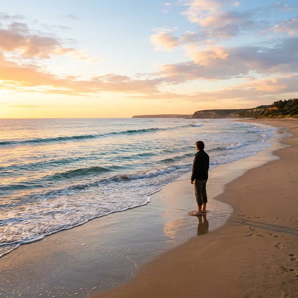 Person standing at the ocean's edge at golden hour on an Australian beach