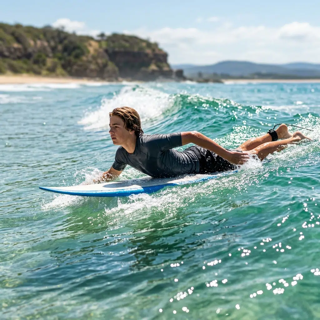 Young surfer paddling over a wave in clear coastal water